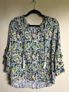 Women’s Floral V-Neck Tie-Front Blouse in White, Yellow & Blue